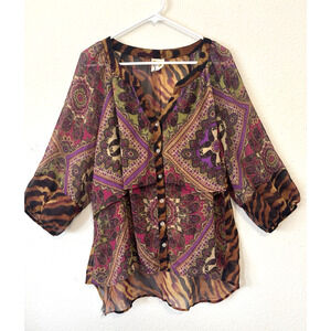 Fig‎ And Flower Boho Blouse 1X Cottagecore Hippy Semi Sheer Cool Shirt Top